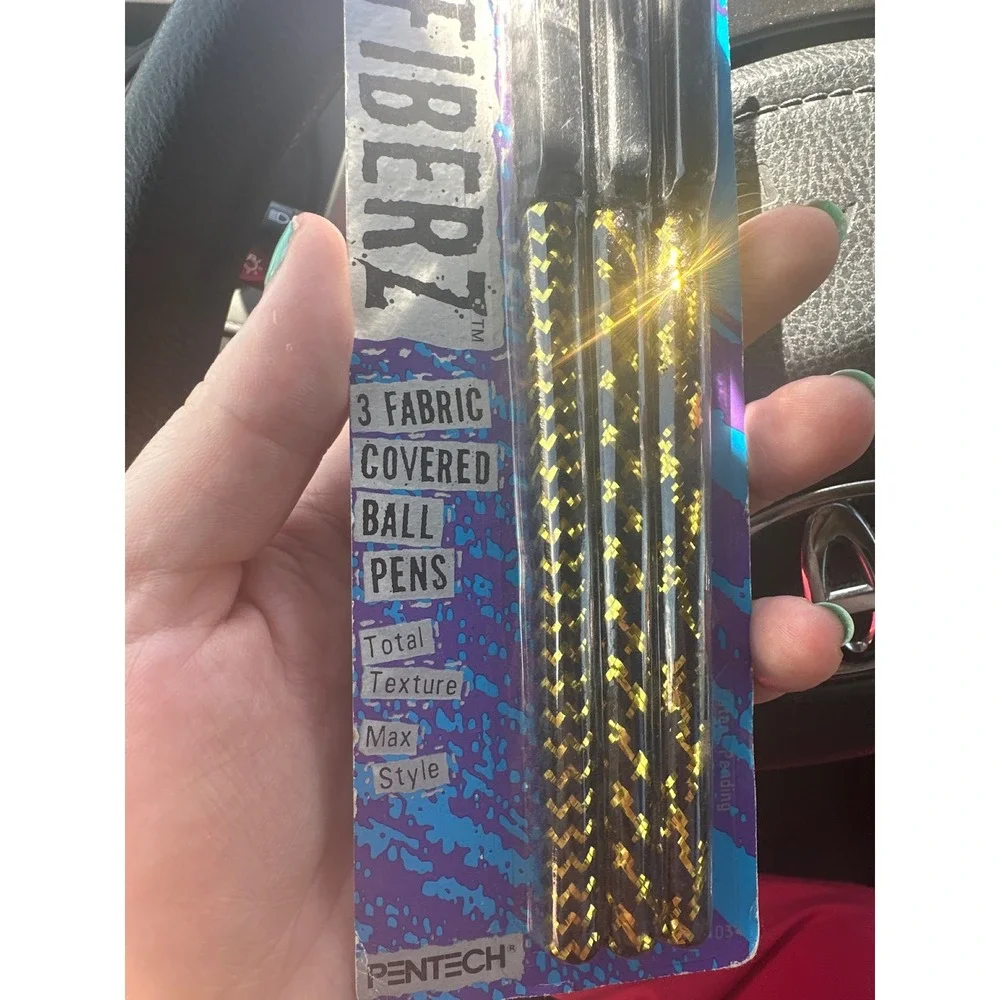 Vintage 1991 Pentech Fiberz Fabric Covered Ballpoint Pens 3 Pack‎ Gold Black 90s